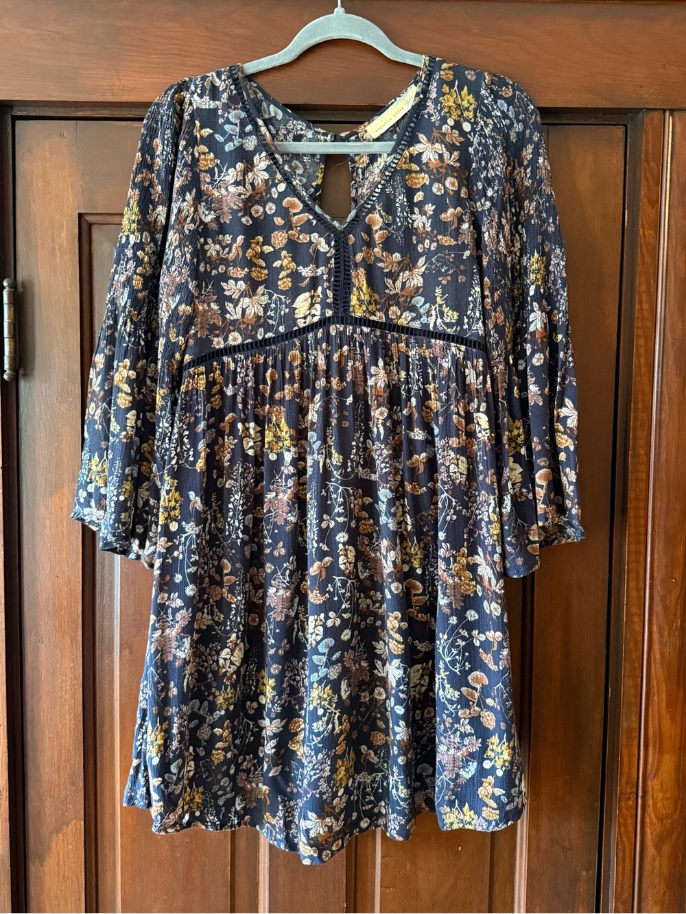 Magnolia Floral Peasant Dress - Navy with Mustard & Rust Accents